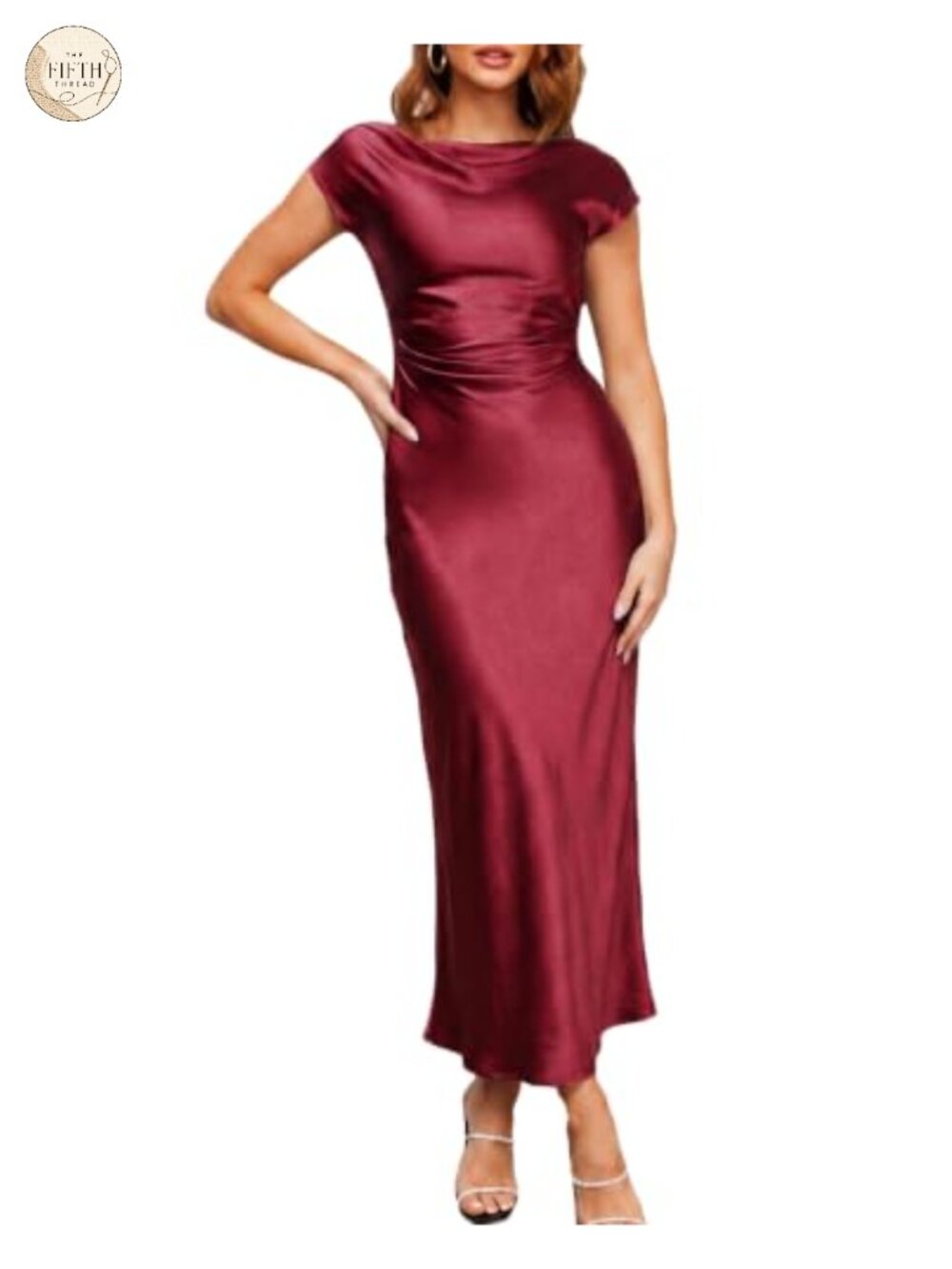Satin Backless Midi Dress Cap Sleeve Ruched Waist Wedding Guest Formal
